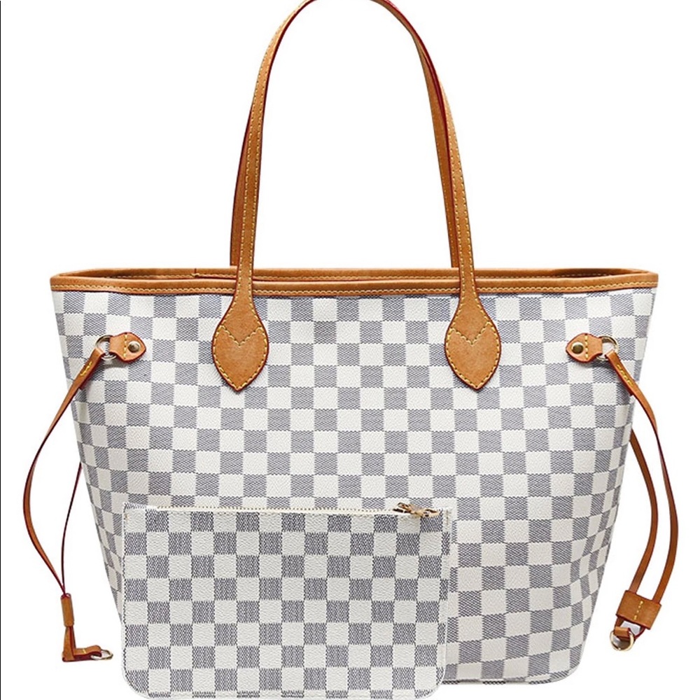 Checkered “Goodnight Macaroon” tote bag w wristlet